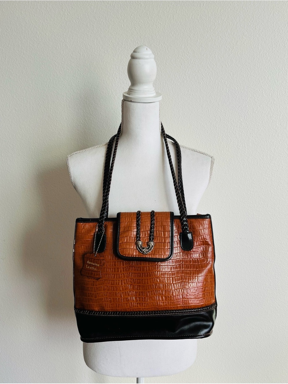 Brown Croc-Embossed Tote with Black Trim